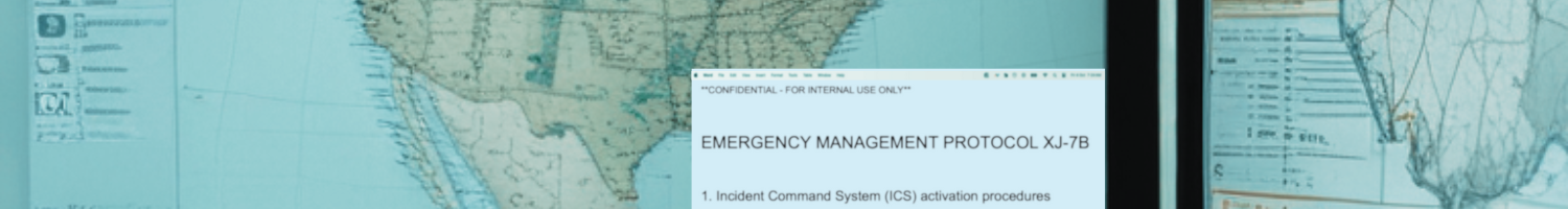 Computer monitors showing map and emergency management procedures